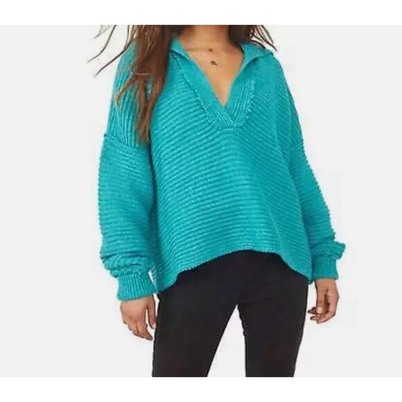 Free People Marlie Teal Green Collared Rib Knit Oversized Pullover Sweater XS - Picture 1 of 12